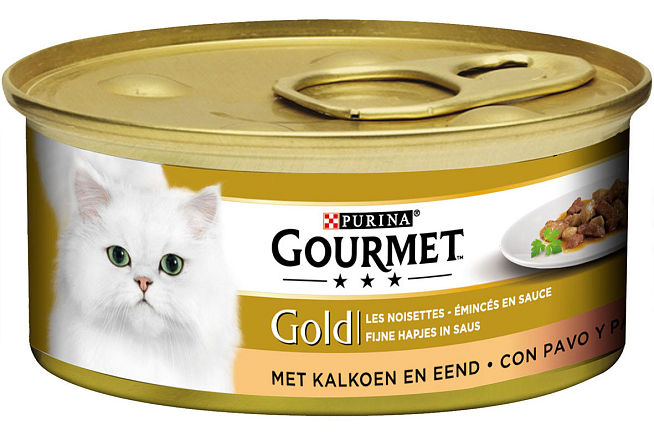 Gourmet kattenvoer Gold Fijne Hapjes kalkoen en eend 85 gr